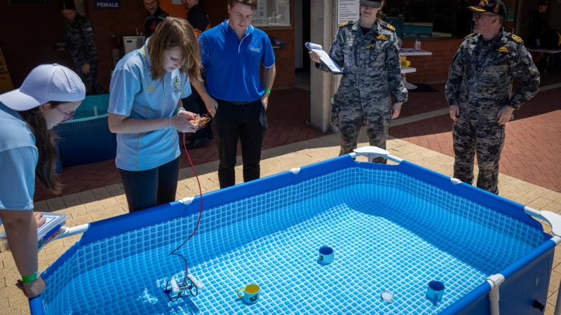 One of the teams drive their mini remotely operated submarine whilst being assessed by Royal Australian Navy judges, during the WA STEM (Science, Technology, Engineering, and Mathematics) competition held at HMAS Stirling. Photos: Able Seaman Zac Dingle