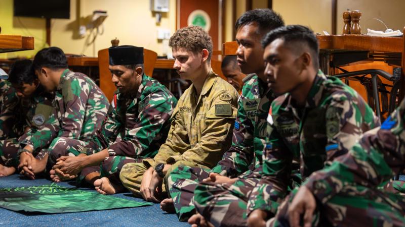 ADF and Indonesian Armed Forces personnel attend Friday Jumu’ah Islamic prayers delivered by ADF Imam Flight Lieutenant Abdul Kader during Exercise Keris Woomera 2024 on HMAS Adelaide.