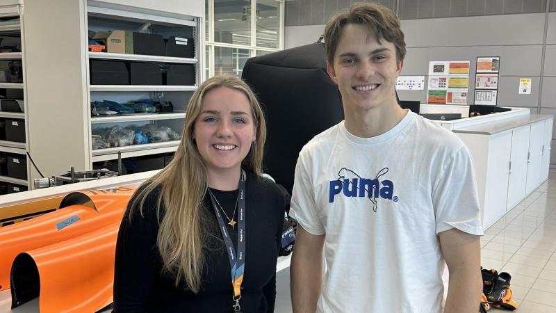 Army Lieutenant Alina Hutton with McLaren Racing Formula One driver Oscar Piastri at the McLaren Technology Centre in Woking, England.