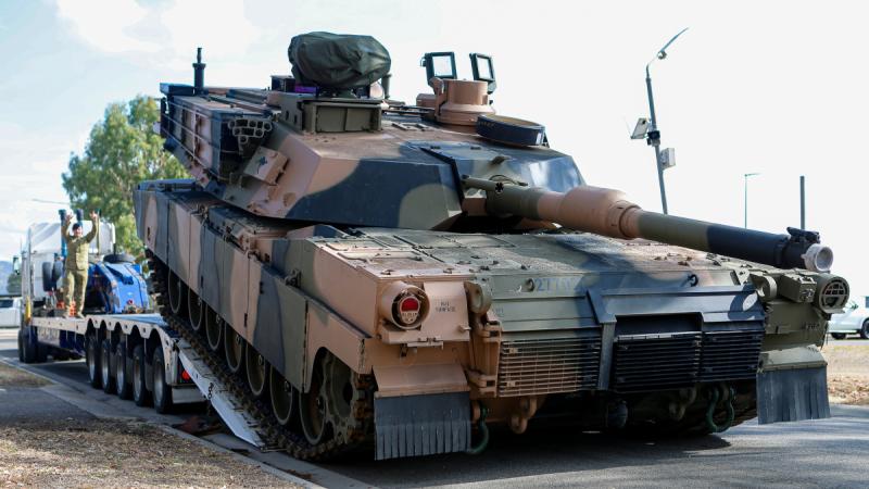 A newly acquired M1A2 Abrams main battle tank arrives at Lavarack Barracks in Townsville.