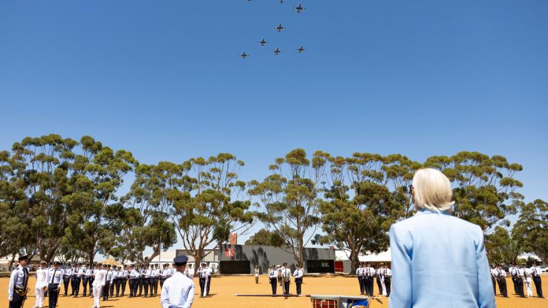 The Reviewing Officer, the Governor-General of the Commonwealth of Australia, Sam Mostyn, receives a Royal Salute during the 2 Flying Training School Colour Consecration Parade.