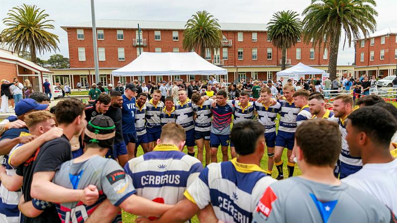 Navy welcomes charity organisation Tackling Leukaemia on board during the annual Navy vs Victoria Police rugby match at HMAS Cerberus. Photo: Leading Seaman Jack Codner