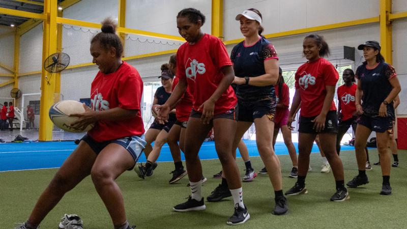 The ADF and Solomon Islands women’s rugby sevens teams get in some training drills on day one of the Solomon Islands sports engagement at Honiara.