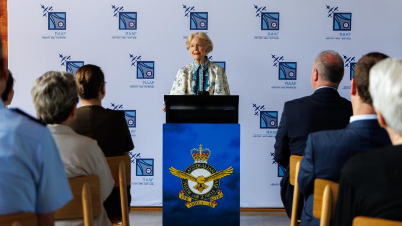 Dame Quentin Bryce speaks to guests at the Changing Altitudes: Stories of Australian Air Force Women book launch, in Canberra, ACT.