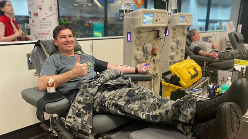 Navy's Mine Warfare Faculty staff donate at their local Lifeblood donor centre at Chatswood. 