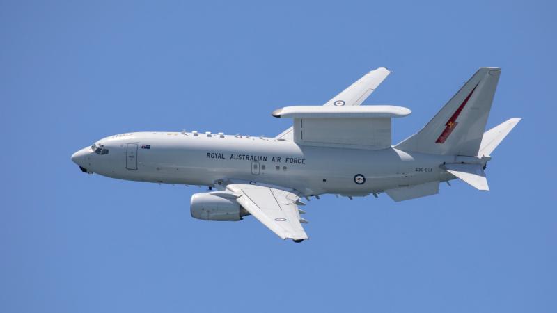 An Air Force E-7A Wedgetail performs a handling display at Nobby's Beach during the Newcastle Williamtown Air Show 2023.
