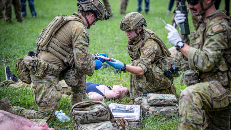 Army medics from 2nd Health Battalion provide medical care to simulated casualties at the point of injury during Exercise Viper Walk 2024.