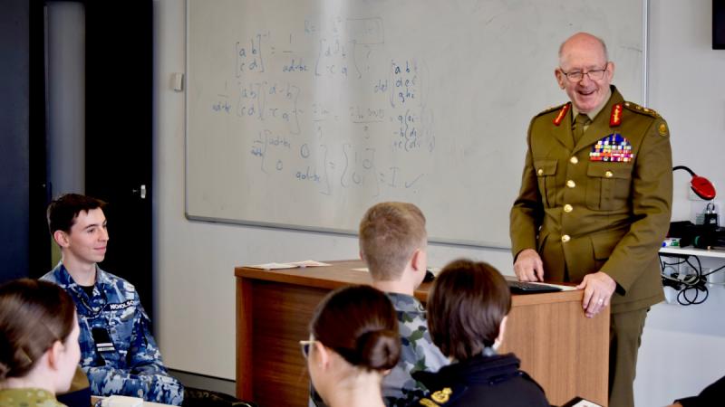 Patron of the ADF Cadets General (retd) Sir Peter Cosgrove addresses a group of ADF cadets during the leadership theory sessions at the second annual ADF Cadets Triservice Leadership Summit in Canberra.