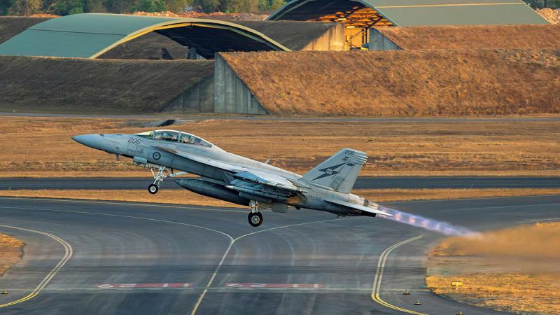 A RAAF FA-18F Super Hornet aircraft departs RAAF Base Darwin for a night flying mission as part of Exercise Pitch Black 2024. 