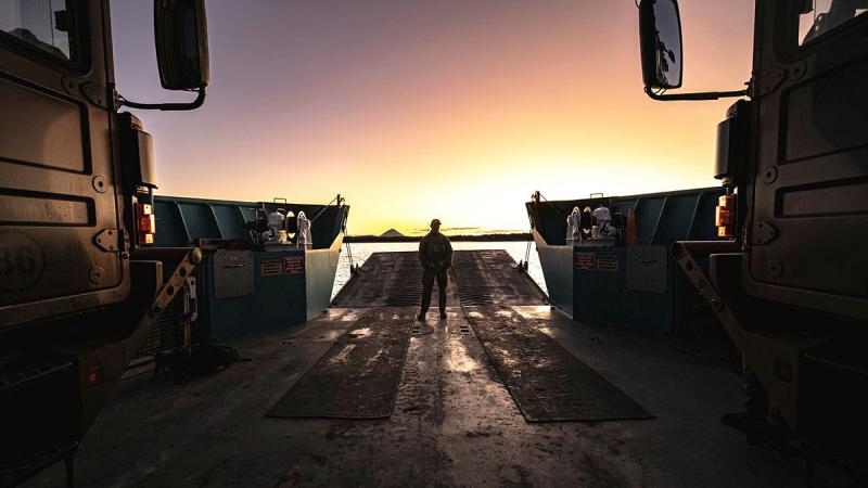 Private Thomas Allsbury from 9th Force Support Battalion before a beach landing at Sabina Point, Shoalwater Bay training area, Queensland, as part of Exercise South Queensland Warfighter 2024. 