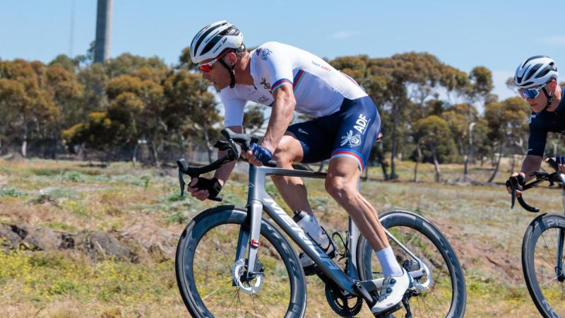 Private Will Clarke competes in a road race near Footscray, Victoria, during the ADF National Cycling Carnival.