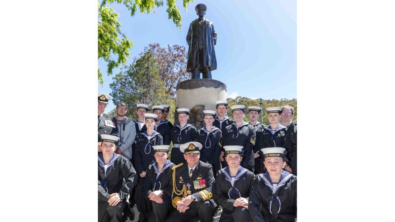 Chief of Navy Vice Admiral Mark Hammond with Australian Navy Cadets during the 2024 Remembrance Day service held at the Ordinary Seaman Edward 'Teddy' Sheean, VC memorial in Latrobe, Tasmania. 