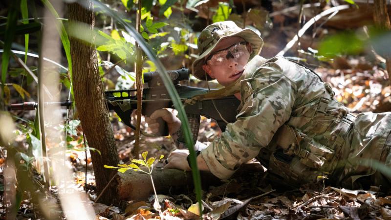 American soldier Private Isaac Davis during a visual tracking course at Tully, November 2024.