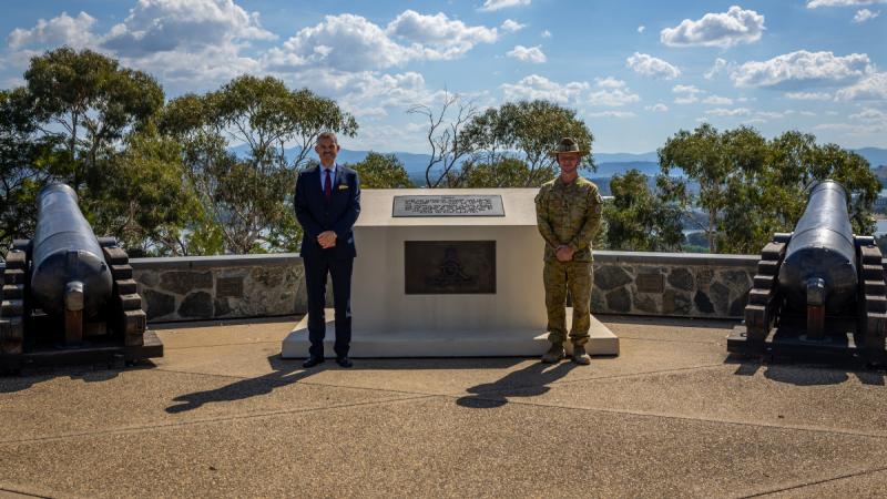 Royal Australian Artillery Head of Regiment Brigadier Damian Hill and Lieutenant Colonel Matt White, of the Defence Preparedness Branch, at the Royal Regiment of Australian Artillery National Memorial on Mt Pleasant in Canberra.
