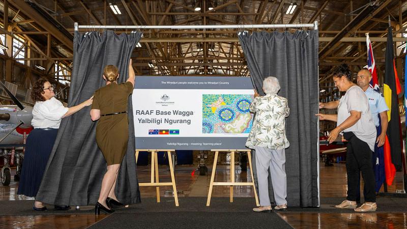 (Left to right) Celia Perkins, Chief of Joint Capabilities Lieutenant General Susan Coyle, Aunty Isabel Reid and Granddaughter Katherine Reid unveil the dual name signage for RAAF Base Wagga. 