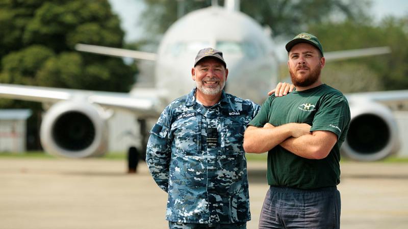 Flight Lieutenant Jason Bomm and his son, Corporal Nicholas Bomm, at the Royal Malaysian Air Force Base Butterworth.