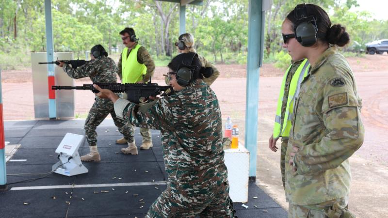 Personnel from the Forcas Defesa Timor Lorosae (Timor Leste Defence Force) conduct a live-fire range shoot at Robertson Barracks while being mentored by Australian Army soldiers.