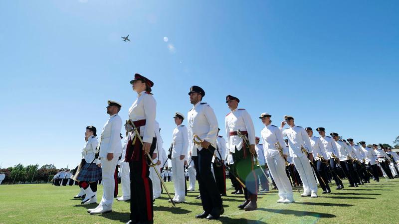 An Air Force Hawk-127 aircraft, operated by 76 Squadron, conducts a flypast during the 2024 ADFA graduation parade. Photo: Kasumi Hamon