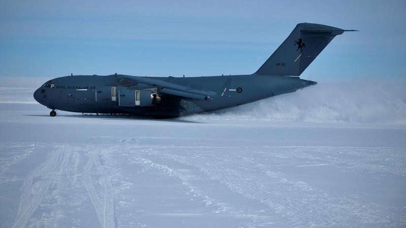 A C-17A Globemaster III from 36 Squadron lands at Wilkins Aerodrome, Antarctica, near Casey Station in November.