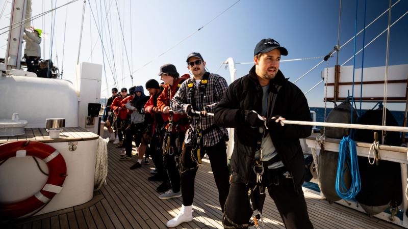 Youth ambassadors conduct sail rigging onboard STS Young Endeavour.