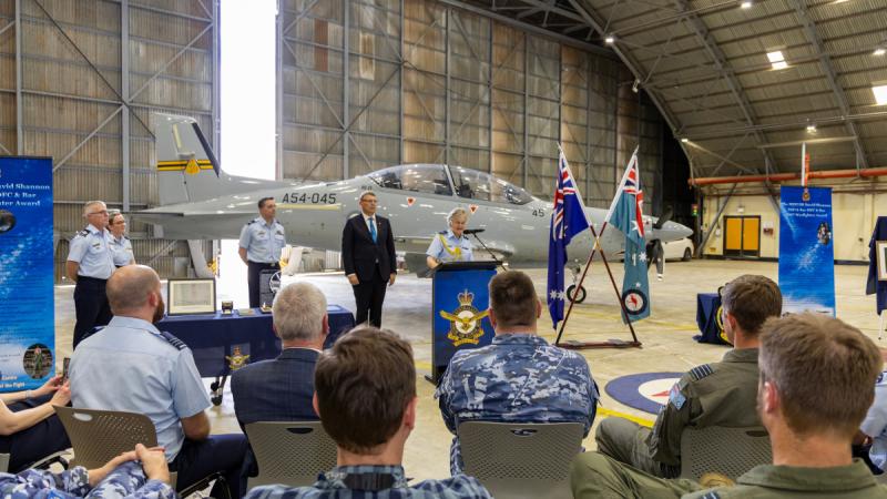 Governor of South Australia Frances Adamson addresses members of the Air Warfare Centre, assembled for an award ceremony, during her visit to RAAF Base Edinburgh, South Australia.