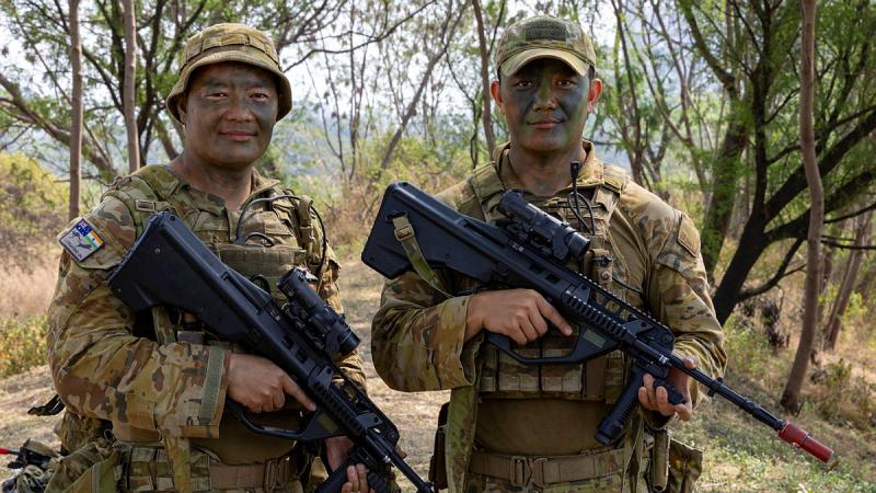Australian Army soldiers Private Ram Rana (left) and Private Laxman Rana during Exercise Austrahind 2024 in Pune, India. 