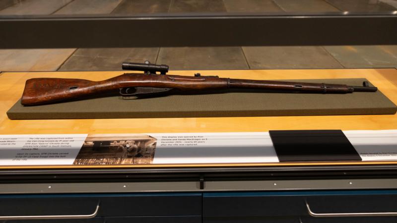 The replica Russian Mosin-Nagant sniper rifle on display during its unveiling at the Australian Army Museum of Military Engineering in Holsworthy.