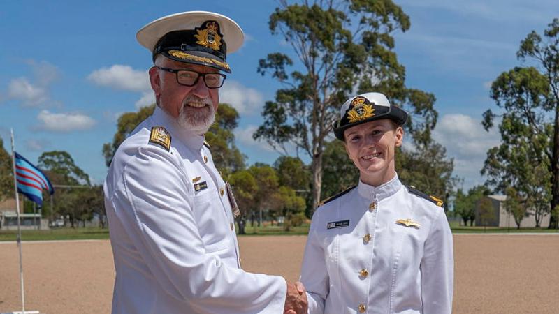 Royal Australian Navy Pilot graduate, Acting Sub Lieutenant Natika Dunn is awarded ‘wings’ by Commander Fleet Air Arm, Commodore Matthew Royals, at 278 ADF Intermediate Pilots Course Graduation at 1 Flying Training School, RAAF Base East Sale. 