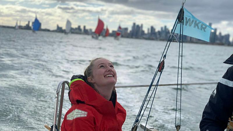 Flying Officer Orla Gray in training for the Sydney to Hobart Yacht Race.