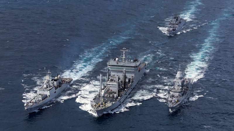 HMAS Stuart sails alongside Indian Navy ships during Exercise Malabar last year.
