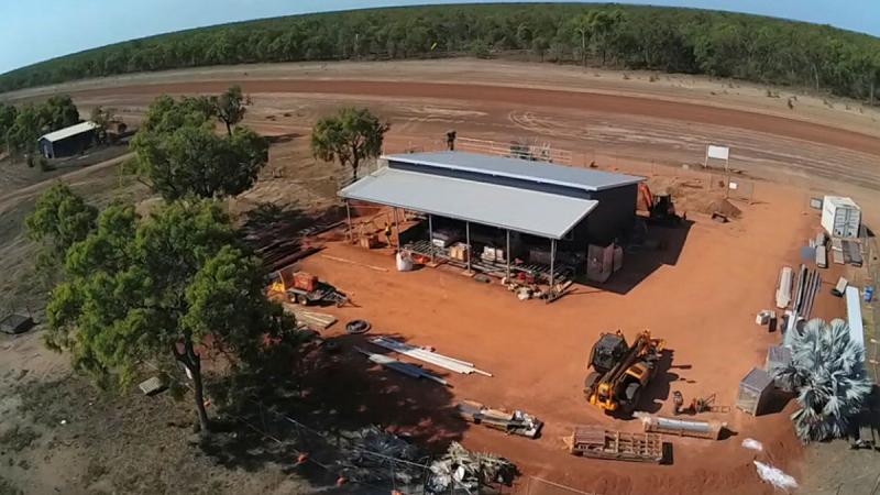 An aerial view of the new community store being constructed adjacent to the community airstrip in Bäniyala, Northern Territory, as part of the Army Aboriginal Community Assistance Programme. 