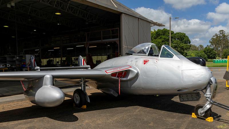 A restored Royal Australian Air Force Vampire aircraft at the History and Heritage Centre at RAAF Base Amberley, Queensland.