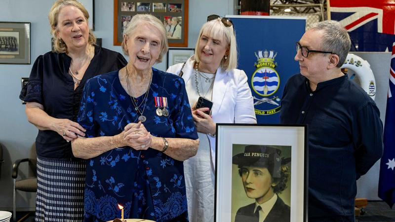 Murielle Ahern with her family during her 100th birthday celebration at HMAS Moreton. 