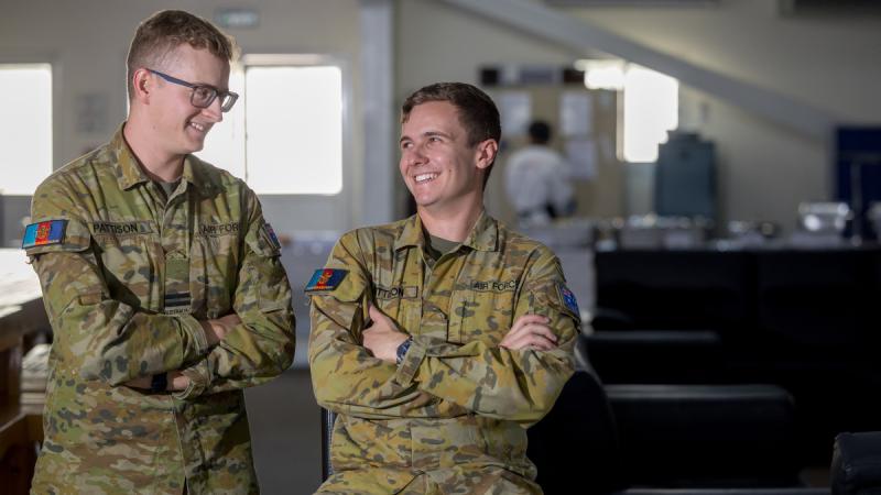 Twin brothers and Flight Lieutenants Zac and Aiden Pattison on deployment at Camp Baird, Headquarters Middle East.