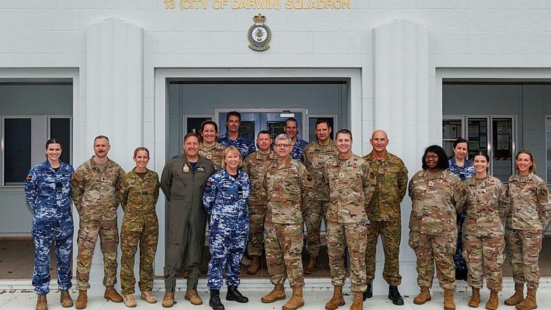 Leading logistics officials from the Royal Australian Air Force and the United States Air Force gather after site visits at RAAF Base Darwin.