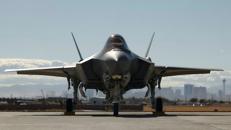 A Royal Australian Air Force 77 Squadron F-35A Lightning II aircraft on the Nellis Air Force Base flightline during Exercise Red Flag Nellis 25-1. 