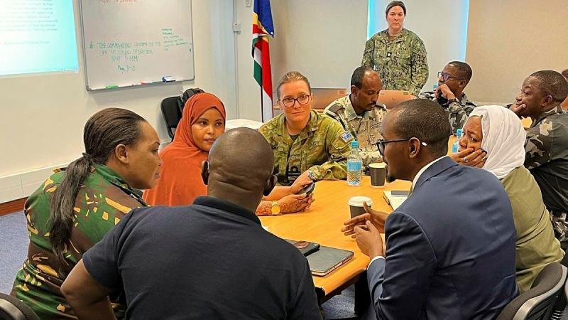 A Royal Australian Navy Legal Officer deployed to Combined Maritime Forces as part of Operation Manitou facilitates discussion on legal implications of maritime security scenarios as part of US-led multinational Exercise Cutlass Express 2025 in Victoria, Seychelles.