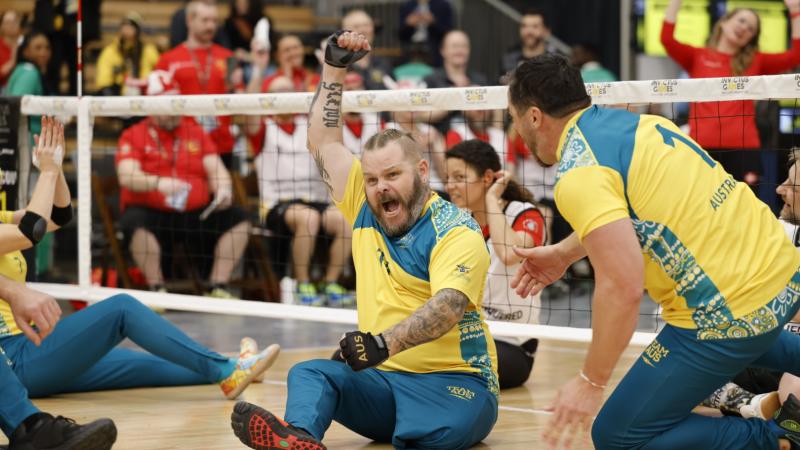 Luke Manhire celebrates a point during the sitting volleyball competition on day 8 of Invictus Games Vancouver Whistler 2025. Picture: Warrant Officer Ricky Fuller.