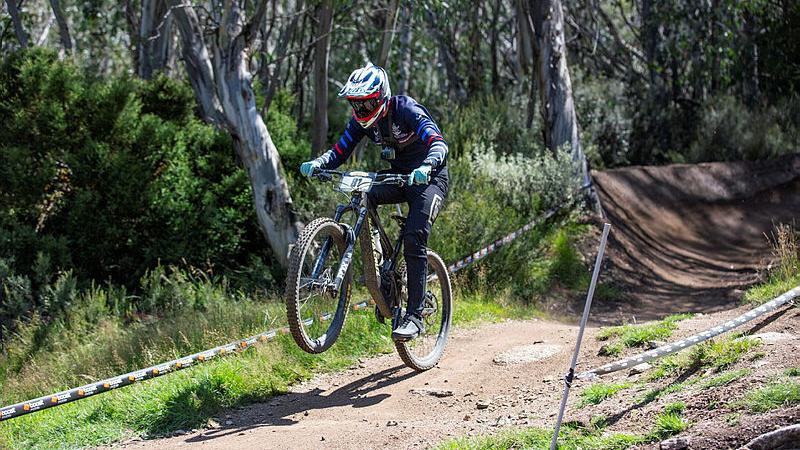 Australian Army soldier Private Jarrod Hughes in action at the 2024 Cannonball Mountain Biking Carnival at Thredbo. 