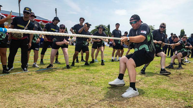 Able Seaman Jade Smith from HMAS Hobart during the tug of war at the Indonesian International Fleet Review sports day. 