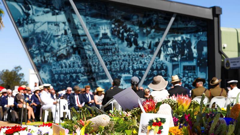 Wreaths prior to being laid by invited guests at the HMAS Perth (I) Memorial Foundation ceremony commemorating the Battle of Saunda Strait held at Training Ship Perth in Fremantle, Western Australia. Photos: Able Seaman Connor Morrison