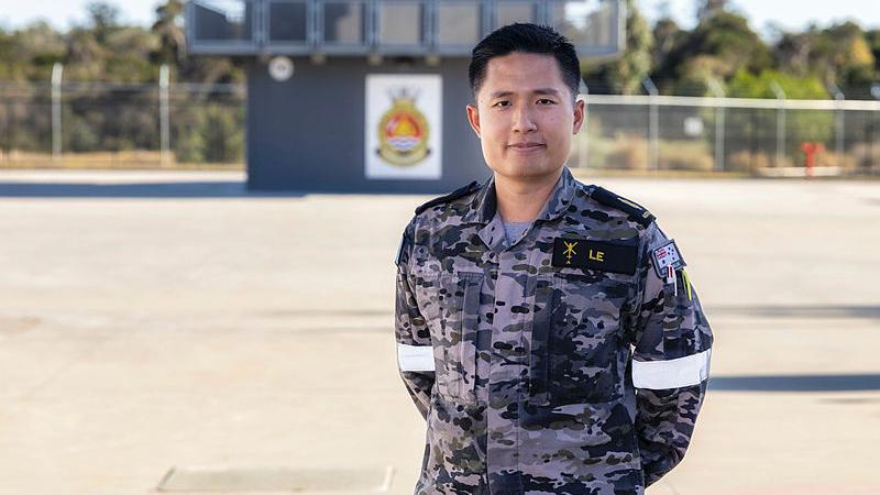 Able Seaman Aviation Technician Airframe, and ADF Linguist Nguyen Le, at the RAN School of Survivability and Ship's Safety, HMAS Cerberus, Victoria. 