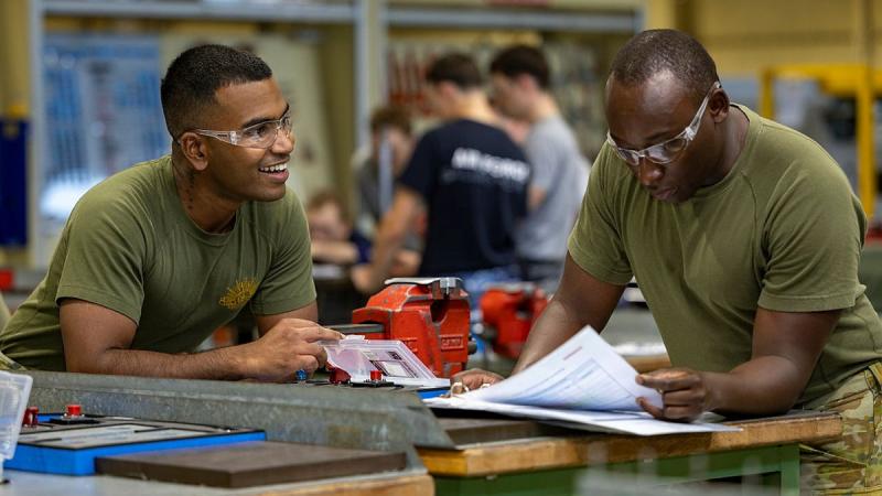 Australian Army soldiers Craftsman Johnny Jinx (left) and Craftsman Habibu Mbwana undertake technical skills training during the Aircraft Technician and Avionics Technician IET courses at RAAF Base Wagga.