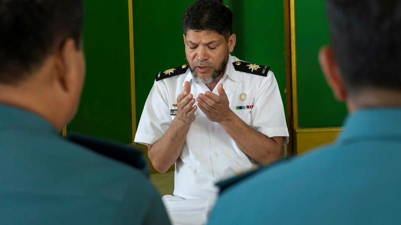 Royal Australian Navy Imam Mogamat Majidih Essa leads a prayer for members of the TNI AL at a local mosque in Surabaya Indonesia during Exercise Indo-Pacific Endeavour 2023.
