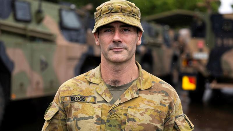 Private Mitchell Beggs from 41st Battalion, Royal New South Wales Regiment, prepares to leave Byron Barracks, Lismore, to support the local community as part of Operation Tropical Cyclone Alfred Assist.