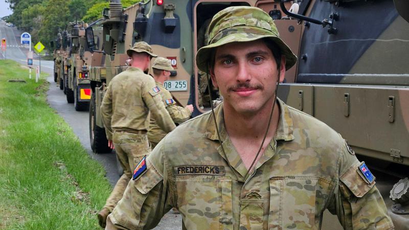 Private Carter Fredericks from 6th Battalion, Royal Australian Regiment, provides assistance in his hometown of Redlands, Brisbane as part of the ADFs response to Tropical Cyclone Alfred. 