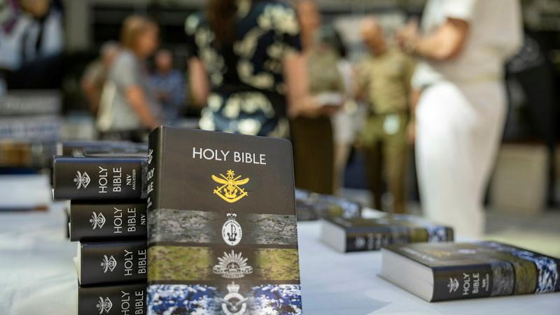 The new ADF bible, supplied by the Bible Society Australia, at the launch ceremony at Russell Offices in Canberra. Photos: Corporal Michael Rogers