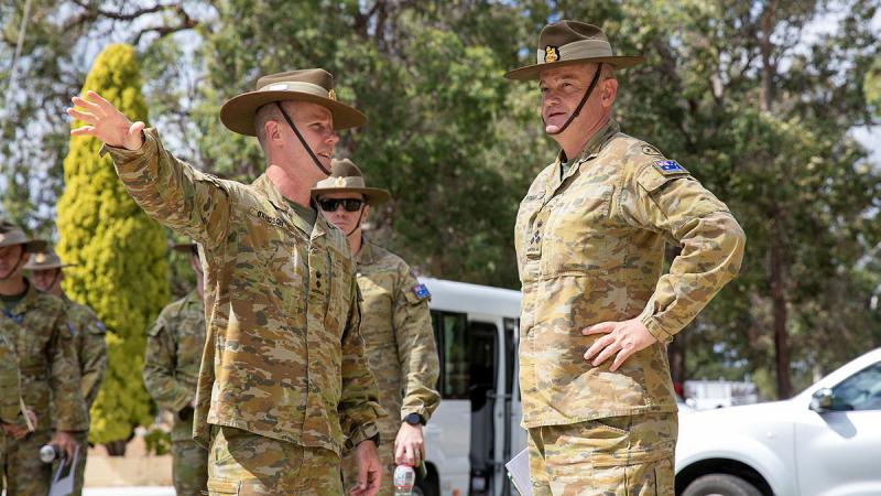 Lieutenant Colonel Alexander Davidson, left, welcomes Commander 13th Brigade Brigadier Damian Bushell to the headquarters of the 16th Battalion, the Royal Western Australia Regiment at Irwin Barracks, Karrakatta. 