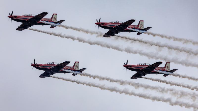 The Royal Australian Air Force Roulettes conduct an aerial display at the Avalon Australian International Airshow 2025.