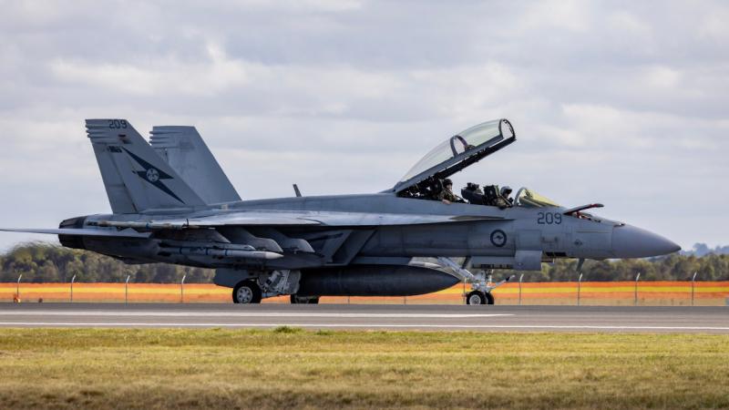 A Royal Australian Air Force F/A-18F Super Hornet lands at the Australian International Airshow 2025.